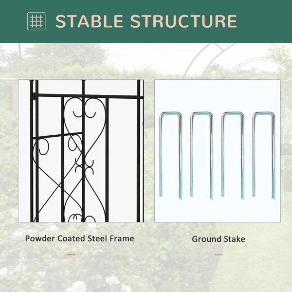 Black powder-coated steel garden gate frame with ground stake components shown