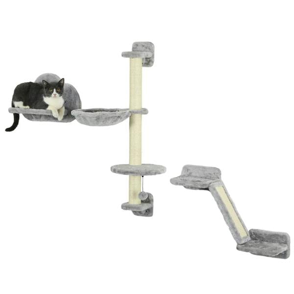 Gray wall-mounted cat tree set with hammock, ladder, and scratching platforms