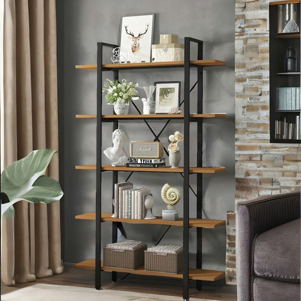 Rafaelo Mobilia Industrial 5 Tier Rustic Brown Bookcase