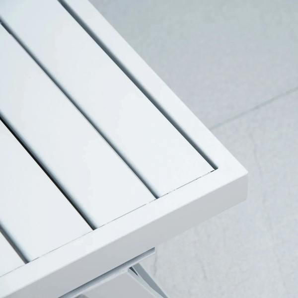 White slatted metal coffee table top with straight frame edge