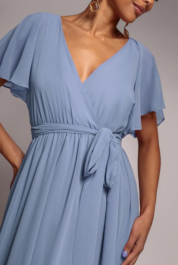 Chiffon Flutter Sleeve Wrap Maxi Dress - Airforce Blue DR2486