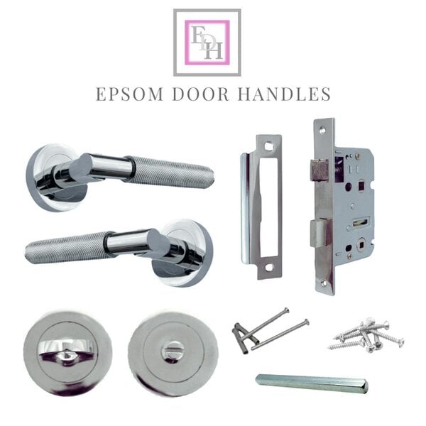 EDH Door Hardware Polished Chrome Knurled Door Handles on Round Rose – Handle Sets