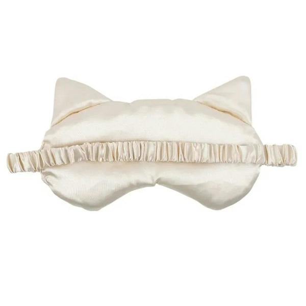 Cream cat-face satin eye mask with ruffled back edge and tie straps