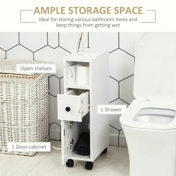 White bathroom storage cabinet with open door, interior shelves, and a pull-out drawer