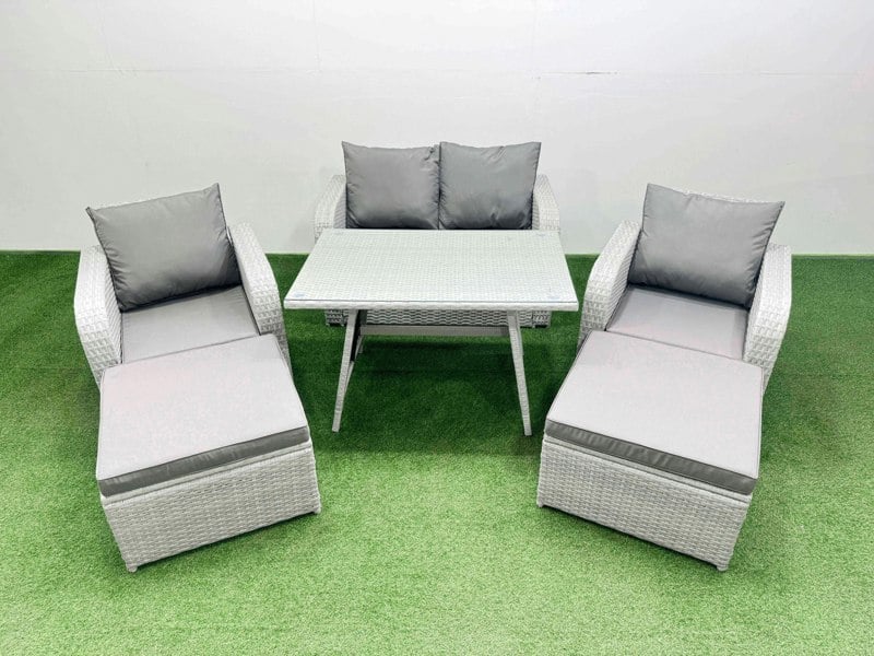 Fimous Light Grey PE Wicker Rattan Garden Furniture Set Sofa Set Reclining Chair Love Sofa Rectangular Dining Table 2 Big Stools