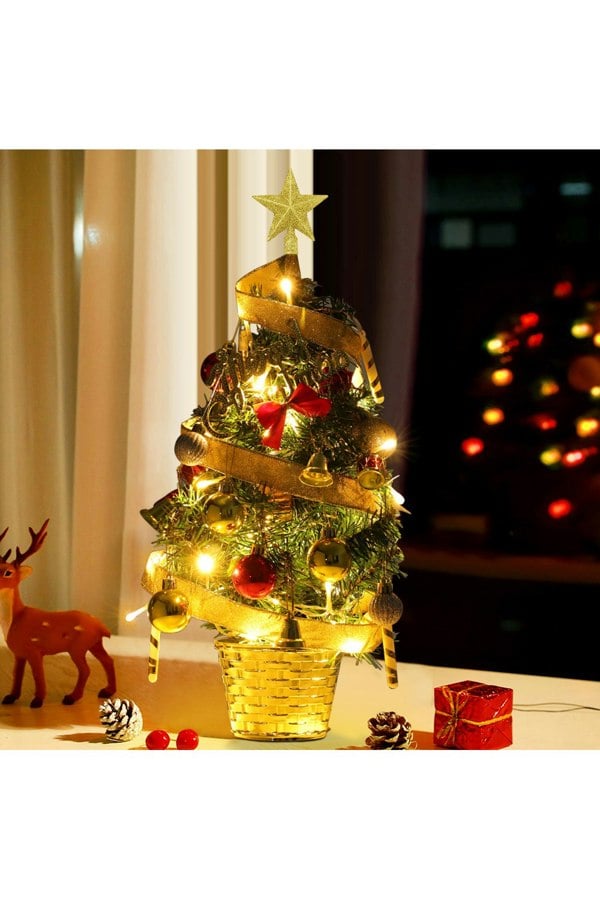 Living and Home Mini Artificial Pine Tree with Christmas Ornaments Desktop Decoration