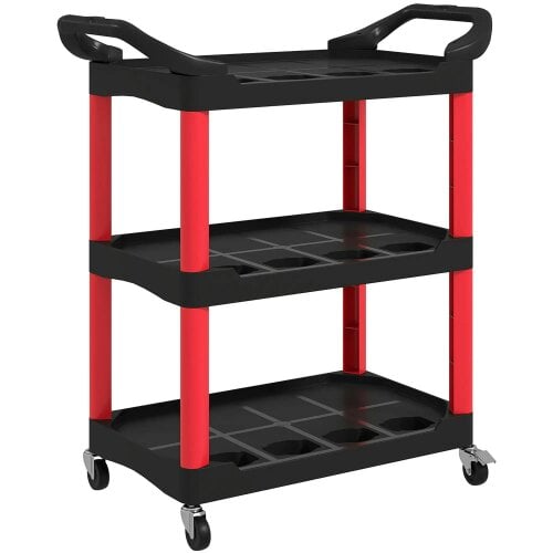 Bobobiy 3-Tier Rolling Tool Cart, Plastic Mobile Service Utility Cart with Handles for Garage, Mechanics and Warehouse, 91kg Capacity, Black and Red