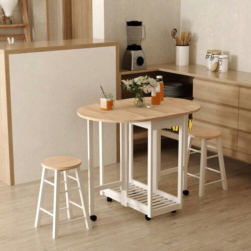 Wyld Haus Rasola Wooden White Mobile Drop Leaf Dining Table With Stools Drawers Shelving And Wheels
