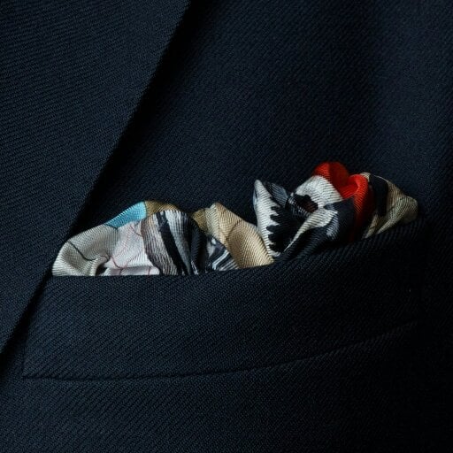 Otway & Orford 'Vintage Velocity' motorcycle silk pocket square in red, pale blue, black & brown (42 x 42cm)