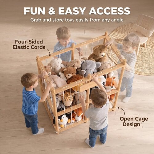 AIYAPLAY Toy Storage with Elastic Cords, Wooden Animal Storage Zoo, Natural