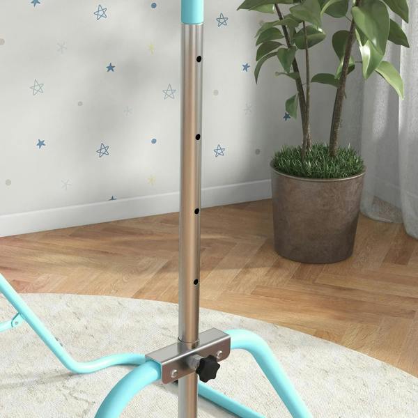 Kids gymnastic bar close-up of light blue base and height adjustment clamp on steel post