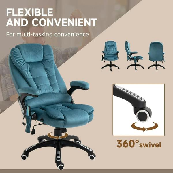 Blue velvet-feel massage recliner chair with 360° swivel base and arm control