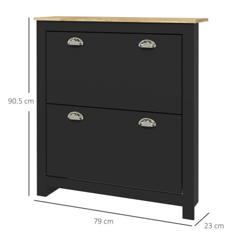 Wyld Haus Resuka Wooden Black Slim Shoe Cabinet With 2 Flip Drawers For 6 To 12 Pairs