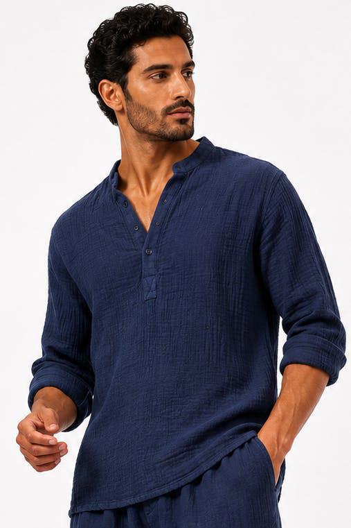 Claudio Lugli Collarless Classic Cotton Knit Summer Shirt