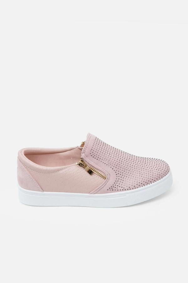Crystal Suede Zip Pumps Pink Trainers, drawing attention to faux snakeskin and suede detail