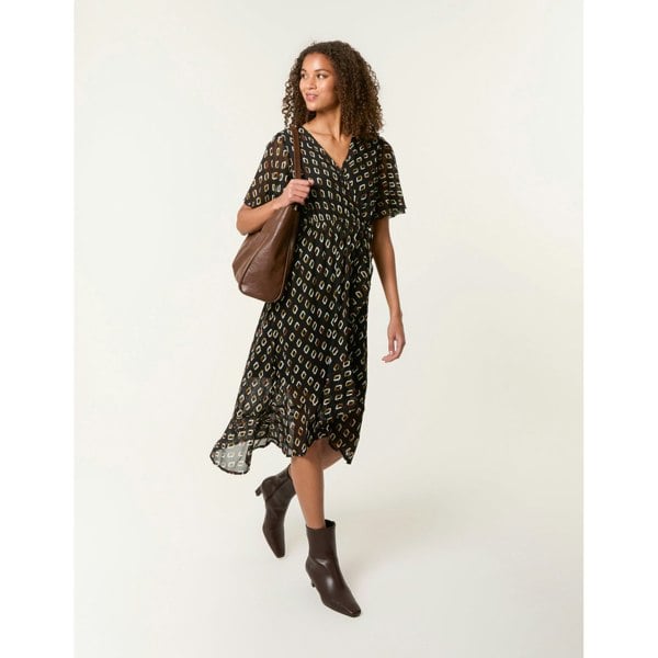 Blue Vanilla Geometric Mesh Ruffle Wrap Dress