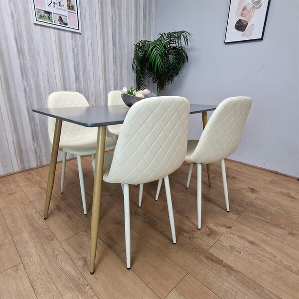 Kosy Koala Wooden Rectangle Dining Table Set Grey Table with 4 Cream Gem Patterned Chairs