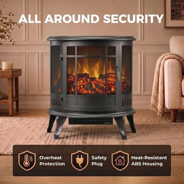 Electric Fireplace Stove, Freestanding Electric Fire Heater with Realistic LED Flame, 2000W, Black