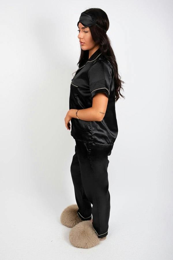 Saryna Satin Button Up Pyjama Set With Matching Eye Mask & Scrunchie - Black