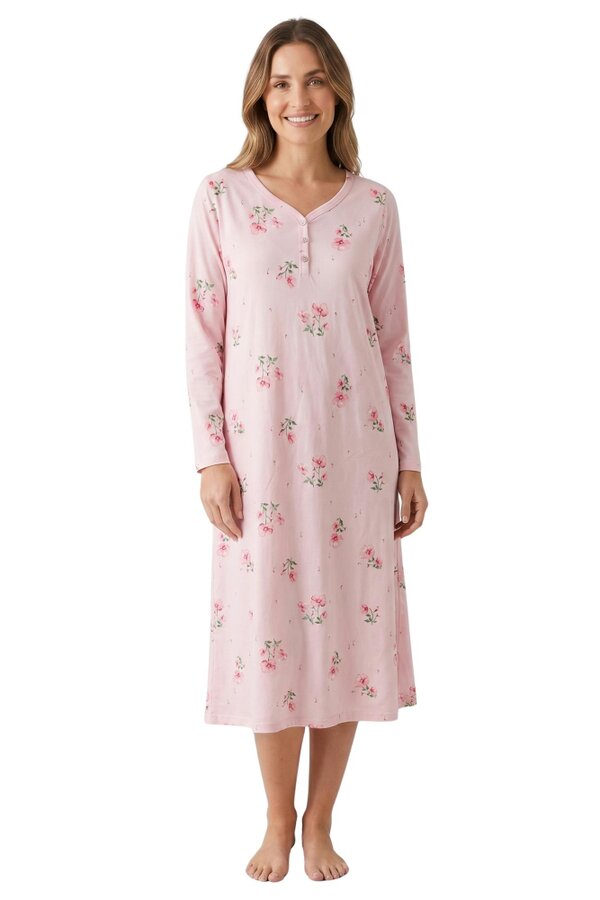 Camille Womens 100% Organic Cotton Classic Long Sleeve Nightdress - Pink FL