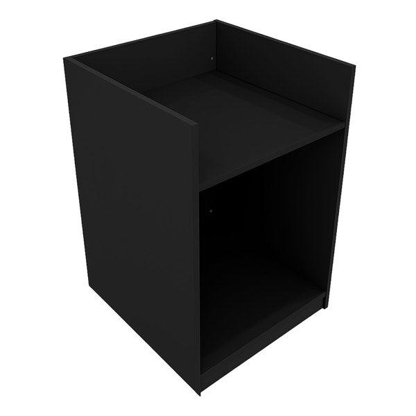 Black shop counter till block TB60 with a sleek, modern design featuring a spacious open shelf for storage and organization