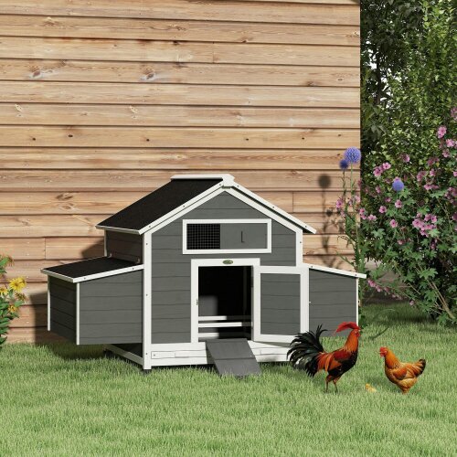 PawHut Chicken Coop with Nesting Box, Openable Top, Pull-Out Tray, Grey - Fir wood - Grey - 1