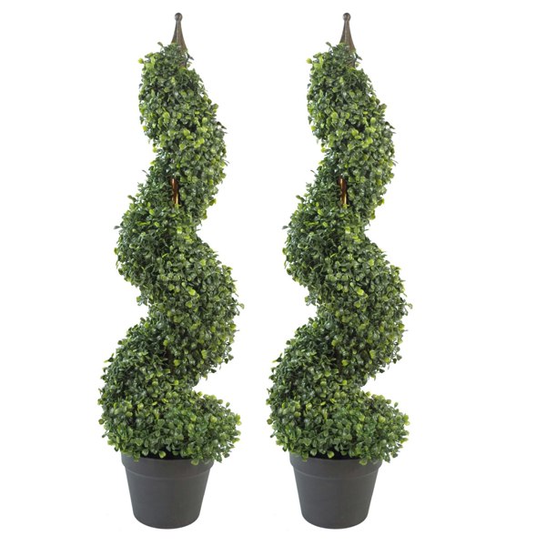 Leaf Pair of 90cm (3ft) Tall Artificial Boxwood Tower Trees Topiary Spiral Metal Top