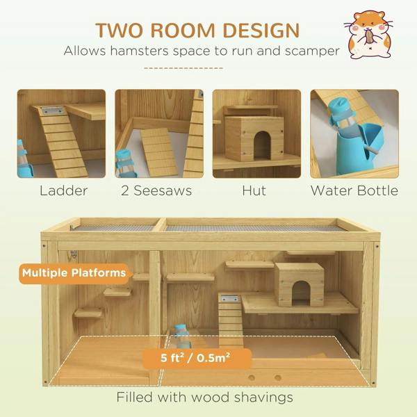 Natural wood hamster cage with multiple platforms, hut, and ladder inside