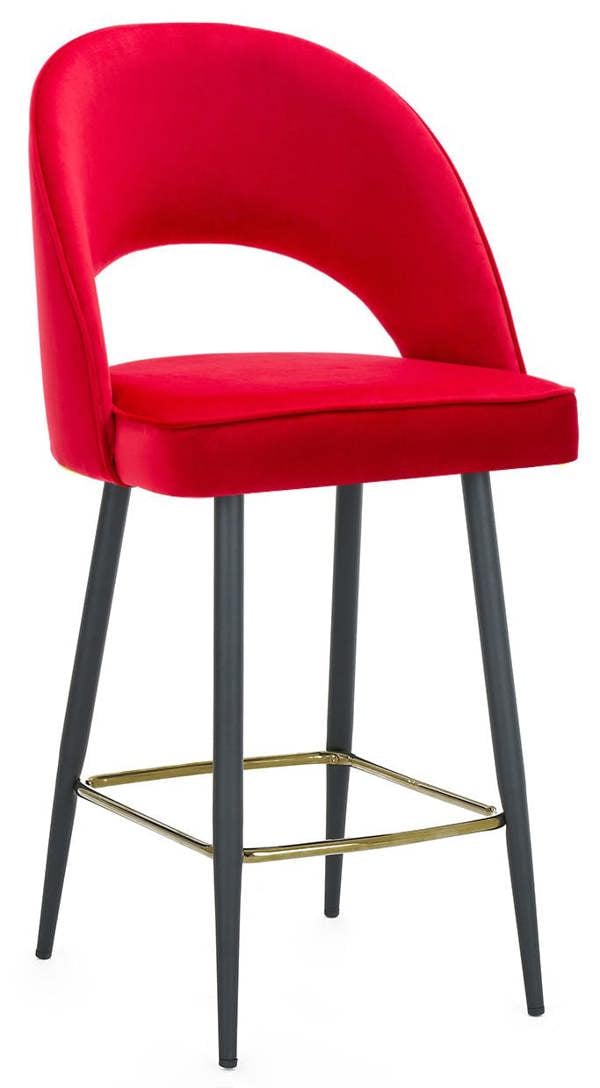 Lamboro Chelsea Velvet Bar Stool, Red, Black Legs with Gold Footrest, Padded Seat