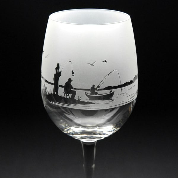Glyptic Glass Art Fishing Crystal Wine Glass - Hand Etched/Engraved Gift