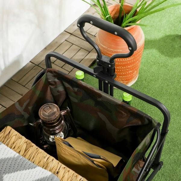 Camouflage fabric garden trolley bed with curved handle and front rail, ready for carrying items