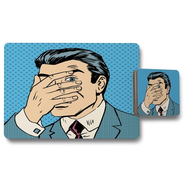 Benjamin Tate Design The confused man hide and seek game pop art comics retro style Halftone (Placemat & Coaster Set)