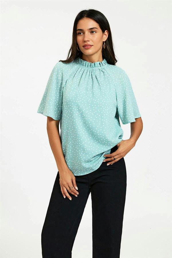 FS Collection Dot Print Short Sleeve Frill High Neck Top In Blue