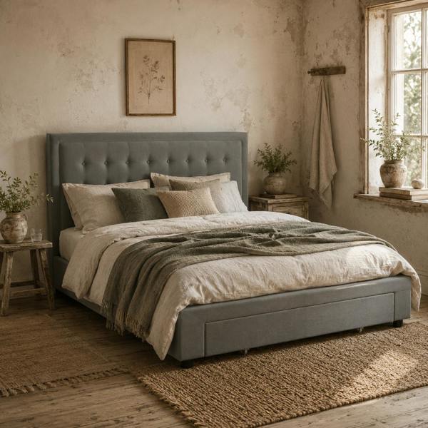 Wyld Haus Dineno 5FT Grey King Size Ottoman Bed Frame With Built In Front Divan Storage Drawer