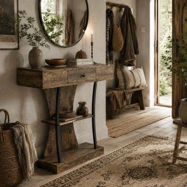 Wyld Haus Rasana Metal And Wooden Rustic Brown 3 Tier Console Table With Drawer And Shelves