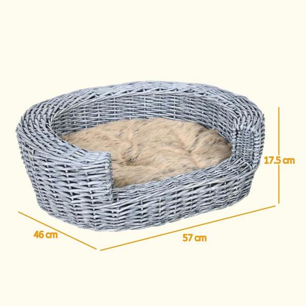 Grey wicker oval dog bed with beige cushion, with labeled dimensions