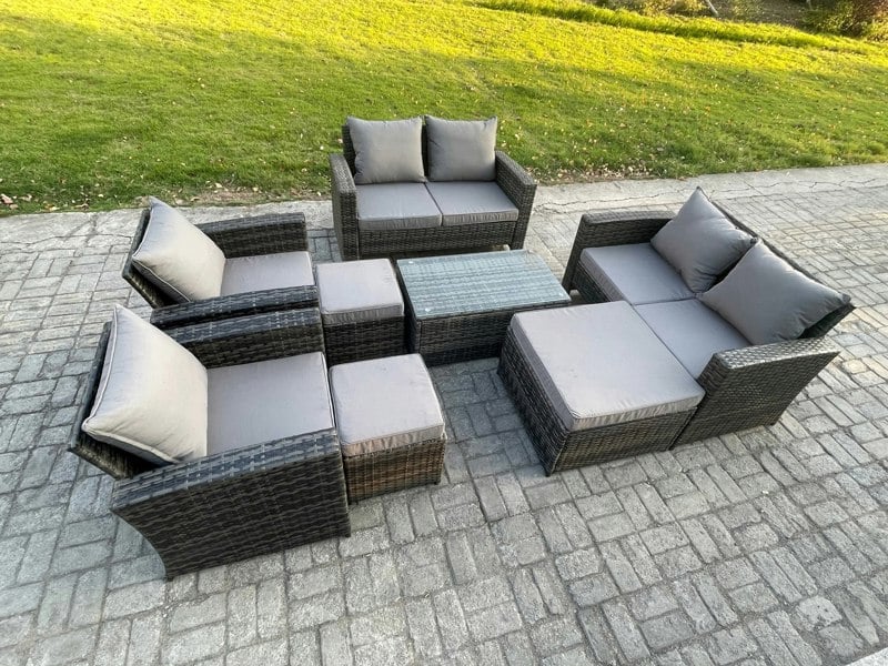 Fimous Garden Furniture Sets 8 Pieces Outdoor Rattan Furniture Manual Wicker Patio Sofa Chair Set with Coffee Table 3 Footstools Dark Grey Mixed