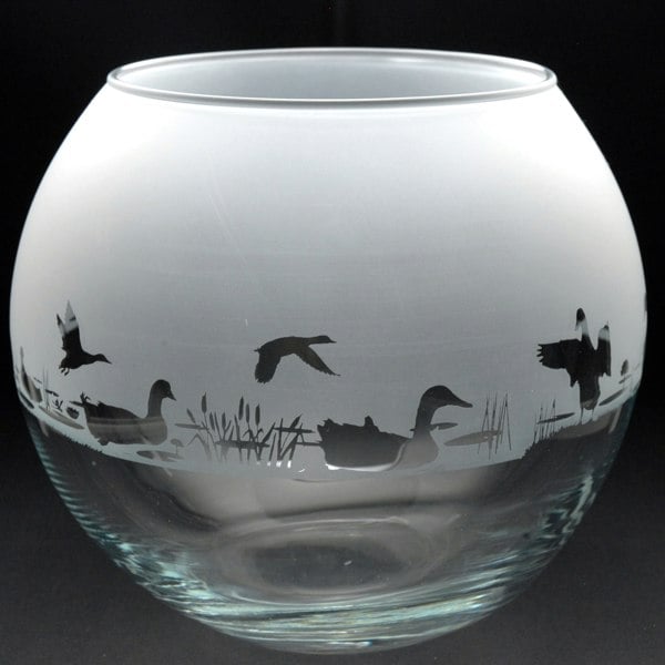 Glyptic Glass Art Duck Glass Flora Bowl Vase - Hand Etched/Engraved Gift