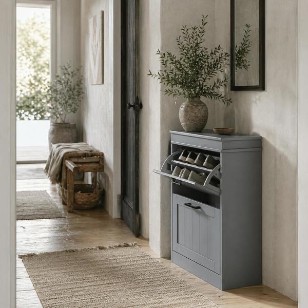 Wyld Haus Falifa Wooden Grey Minimal 2 Drawer Shoe Cabinet For 10 Pairs