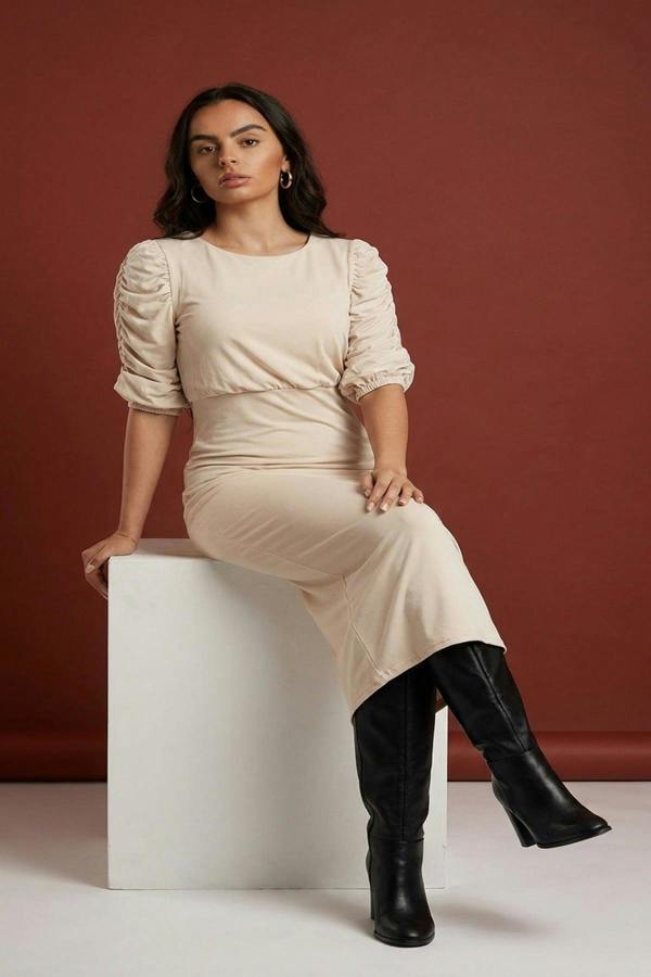 Elvira Ruched Short Sleeve Maxi Dress With Draped Bodice - Beige