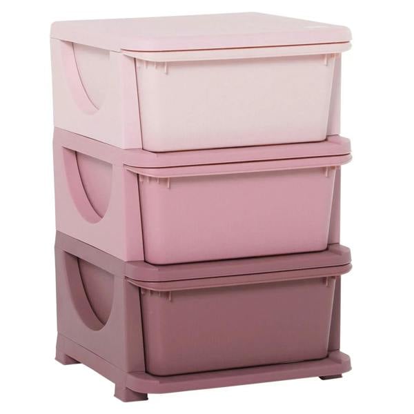 Pink 3-tier plastic storage unit with three open drawers and curved pull handles
