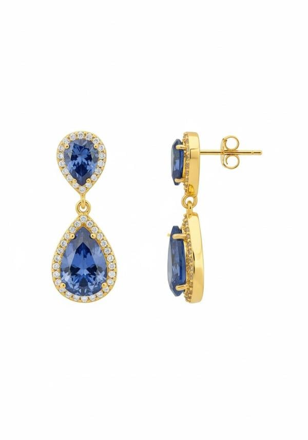 Gold earrings with blue gemstones on a white background