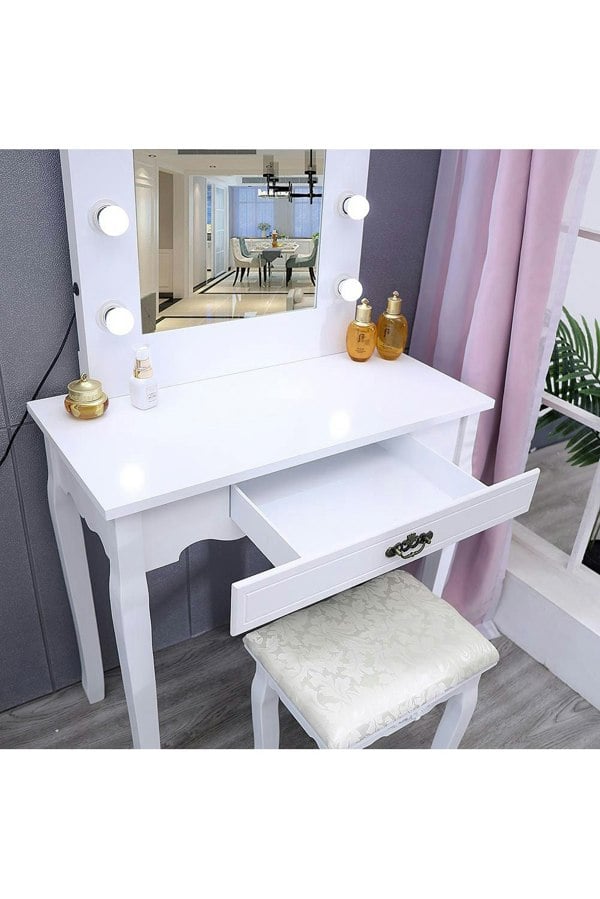 Living and Home Vanity Dressing Table with LED Lights Mirror White