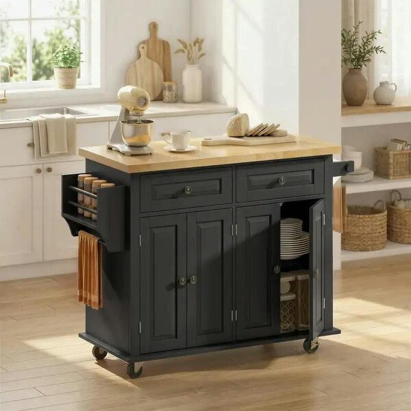 Kitchen Island on Wheels, Rolling Kitchen Trolley with Rubberwood Top, 2 Drawers, Adjustable Shelves, Black - Black