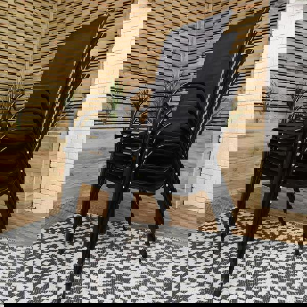 Samuel Alexander Outdoor 4 Person Round Glass Top Garden Dining Table Chairs With Black Parasol and Base Set