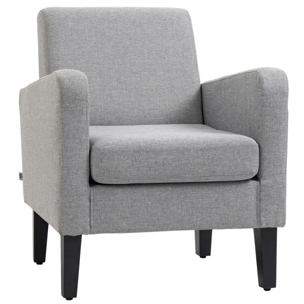 Light grey linen-look boxy armchair with wide arms and cushioned seat