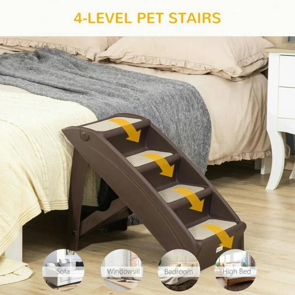 Brown four-step pet stairs with beige non-slip treads placed beside a bed