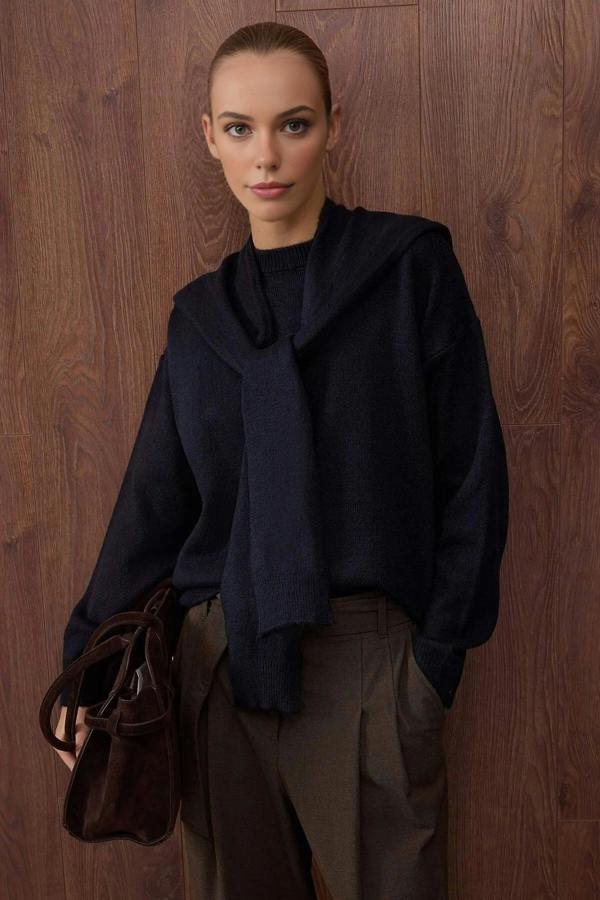 WOVCOR Soft Textured Knit Sweater with Shawl Detail