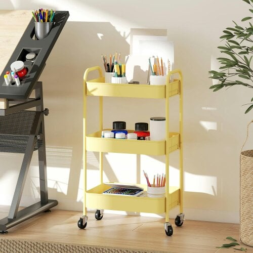 Wyld Haus Firi Metal Yellow 3 Tier Steel Storage Trolley With Wheels