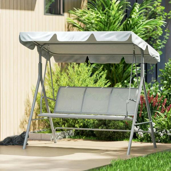 Light grey 3-seat swing bench with canopy cover, front-left side view.
